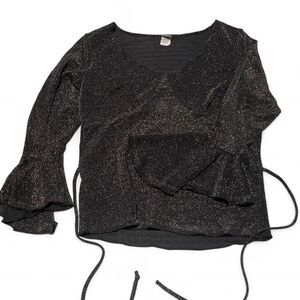 Black sparkly gothic long sleeve top with ruffles and ties Jasmine USA - L